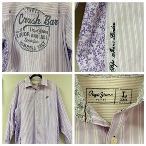 Vintage Pepes Jeans UK Striped & Floral Lavender Mens Shirt Crash Bar print back